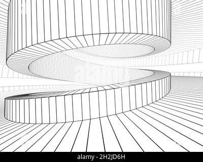 Schwarzes Drahtrahmen-Spiralinnenmodell über weißem 3D-Rendering-Bild Stockfoto