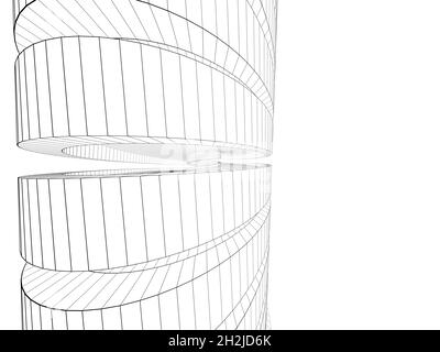 Umreißen des Drahtrahmens spiralförmiges Turmmodell auf weißem Hintergrund, 3d-Rendering-Illustration Stockfoto