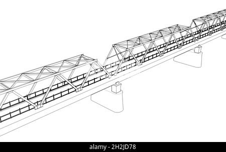 Trassbrücke Umriss Rahmenmodell isoliert auf weißem Hintergrund, 3d-Rendering-Illustration Stockfoto