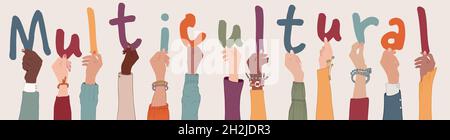 Multiethnische multikulturelle Menschen mit Briefen, die den Text bildeten -multikulturelle- Gruppe hob Waffen Kollegen oder Freunde vielfältige Kultur. Community Stock Vektor