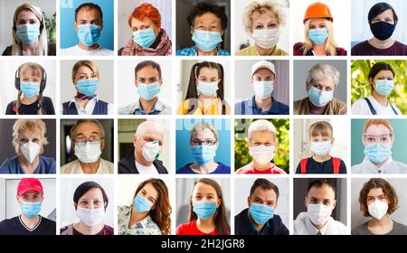 Menschen, die eine Maske benutzen und eine Videokonferenz mit dem Arbeitsteam im Rahmen einer COVID-19-Pandemie abhalten. Stockfoto