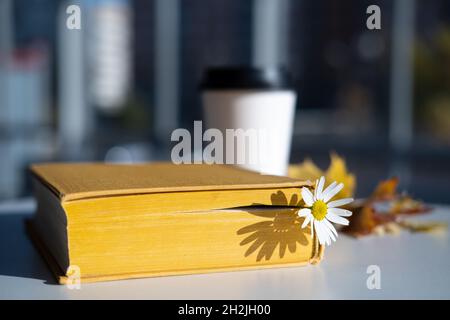 Buch mit einem Lesezeichen mit einer Kamillenblume liegt auf dem Tisch, vor dem Hintergrund von aromatischem Kaffee in einer Einweg-Papiertasse. Stockfoto