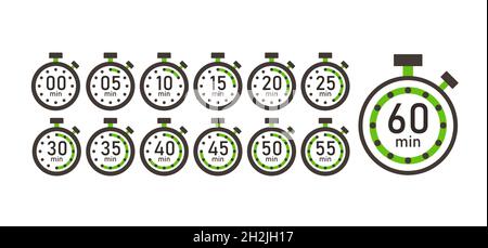 Garzeit, Satz von Zeitzähler-Symbolen von 5 Minuten bis 1 Stunde. Stoppuhr Timer Vektor-Abbildung Isoliert Stock Vektor