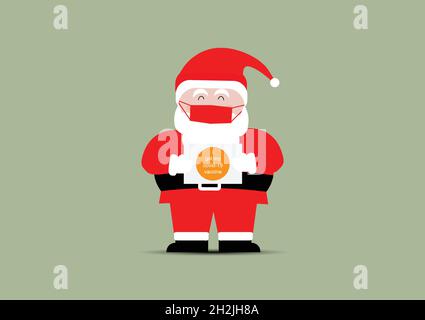 Frohe Weihnachten. Der glückliche Weihnachtsmann trägt eine Gesichtsmaske, auf der ein Plakat mit dem Titel „Ich habe meinen Covid-19-Impfstoff“ zu sehen ist. Stock Vektor