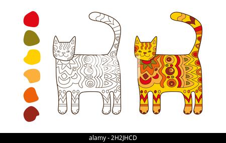 Malbuch Katze mit Ornament im Boho-Stil, mit Beispielen von Farben, Antistress. Vektorgrafik, schwarz-weiße Strichgrafiken Stock Vektor