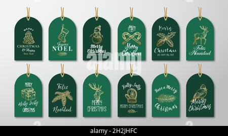 Weihnachten und Neujahr Gebrauchsfertige Geschenkanhänger oder Etiketten Vorlagen Set. Handgezeichnete Illustrationen zu den Winterferien mit goldenem Glitzer und Retro-Typografie Stock Vektor