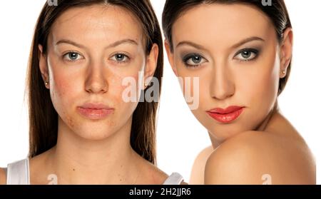 Vergleichsporträt einer Frau ohne und mit Make-up auf weißem Hintergrund Stockfoto