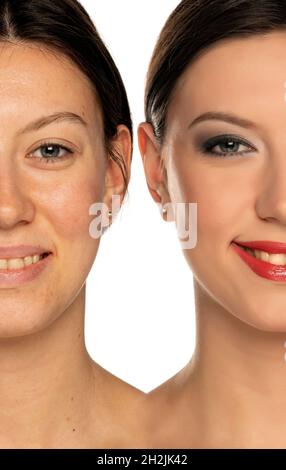 Vergleichsporträt einer Frau ohne und mit Make-up auf weißem Hintergrund Stockfoto