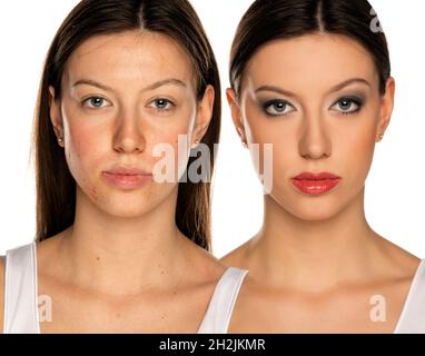 Vergleichsporträt einer Frau ohne und mit Make-up auf weißem Hintergrund Stockfoto