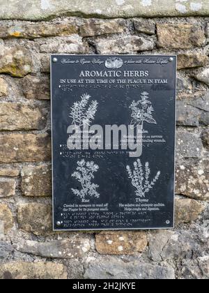 Metallschild, das die Kräuter anzeigt, die zur Zeit der Pest des 17. Jahrhunderts im Dorf Eyam, Derbyshire, Großbritannien, angebaut wurden Stockfoto