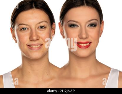 Vergleichsporträt einer Frau ohne und mit Make-up auf weißem Hintergrund Stockfoto
