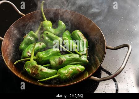 Dampfen von Paprika de padron oder grünen Pimientos in einer heißen Pfanne auf dem Herd für eine spanische Tapa oder Vorspeise Mahlzeit, kopieren Raum, ausgewählte Fokus, Narro Stockfoto