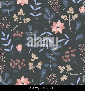 Vektor nahtloses Muster mit blauen Pflanzen und Blumen in blauen Farben. Stock Vektor