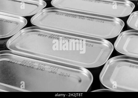 Einfarbige abstrakte Blechdosen aus Metall mit Teil des Lebensmittels „Best Before Date“. Für die Erhaltung von Lebensmitteln, pandemische Lebensmittelknappheit in Großbritannien, Lockdown-Horten. Stockfoto