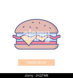 Hamburger: Symbol im modernen Stil mit farbigen Linien auf weißem Hintergrund. Ordentliches, detailliertes Bild des klassischen Fast-Food-Gerichts. Sesambrötchen, Käse, Schnitzel, Stock Vektor