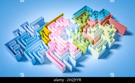 Buntes Labyrinth auf hellblauem Hintergrund. 3d-Rendering Stockfoto