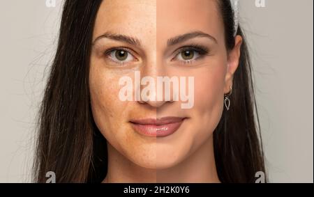 Vergleichsporträt einer Frau ohne und mit Make-up auf grauem Hintergrund Stockfoto
