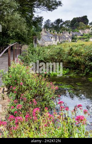 Eine kleine historische Steinbrücke über den Fluss Coln, die zur Arlington Row in Bibury Village in den Cotswolds, Gloucestershire, England führt. Stockfoto