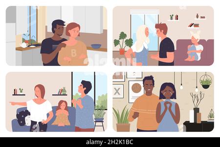 Vektordarstellung „Familienkreis“. Cartoon wütend Ehemann und Ehefrau streiten, Kind weint wegen des Konflikts, Mann tröstend trauriges Mädchen mit Tränen in den Augen. Scheidung Problem Konzept Hintergrund Stock Vektor