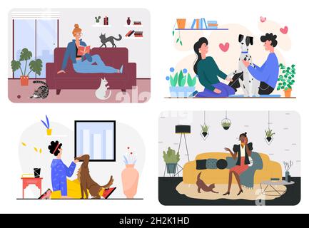 Menschen verbringen Zeit mit Haustieren zu Hause Set Vektor-Illustration. Cartoon-Mädchen auf der Couch sitzen und Buch mit Katzen lesen, paar Zeichen umarmen Hund, Frau sprechen Handy isoliert auf weiß Stock Vektor
