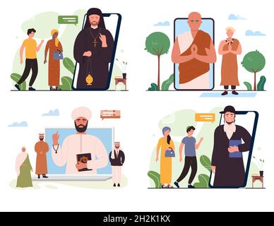 Online Kirche, Gottesdienst Video Anruf Service Set Vektor Illustration. Cartoon Frau Mann Charaktere treffen Rabbiner Priester Mönch oder Imam zu beten, mit digitalen Religion App in Handy isoliert auf weiß Stock Vektor