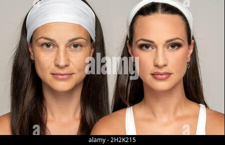 Vergleichsporträt einer Frau ohne und mit Make-up auf grauem Hintergrund Stockfoto