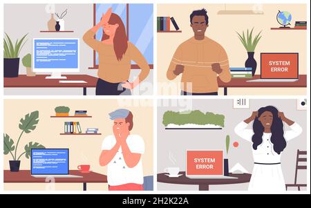 Geschäftsleute mit Crash-Computer-System, Fehler Problem Set Vektor-Illustration. Cartoon wütend Frau Mann Büroangestellte Zeichen in der Nähe von blauen pc-Bildschirm oder mit Warnhinweis auf dem Monitor stehen Stock Vektor