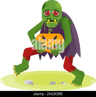 Grüner Zombie mit roten Augen halten Kürbis. Stock Vektor