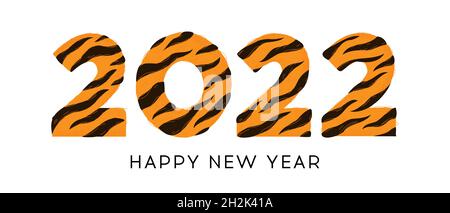 2022 Happy New Year Number Design mit gestreiftem Tiger-Fell-Strukturmuster. Vektor-Illustration von 2022 in Cartoon-Tiger-Stil isoliert auf weißem Backgro Stock Vektor