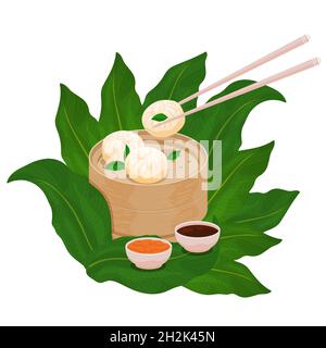 Dim Sum Dampfbrötchen. Baozi, Mantou, Momo, Krinkali. Chinesische Brötchen Dim Sum in Bambuskorb mit Sauce und Essstäbchen serviert. Vektor Stock Vektor