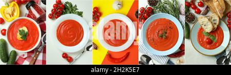Kollage von leckerem Essen mit Tomatensuppe. Tomatensuppe-Kollage, heißes hausgemachtes Gericht mit frischen Tomaten, gesundes Mittagessen Stockfoto