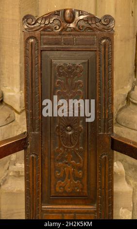 Detail des Stuhls, der vom protestantischem Reformator Johannes Calvin, St.-Pierre-Kathedrale, Genf, Schweiz, verwendet wurde Stockfoto