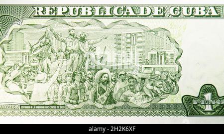 1 Peso-Banknote, Bank of Cuba, Closeup Bill Fragment zeigt Fidel Castro mit Rebellen-Soldaten, die am 8. Januar 1959 nach Havanna einmarschierten, ausgestellt am 2016 Stockfoto