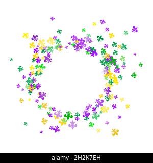 Rundes Muster aus schönem gelben, grünen, violetten Fleur-de-Lis-Lilie-Symbol auf weißem Hintergrund. Venezianischer Karneval Mardi Gras Party. Toll zum Gruß Stock Vektor