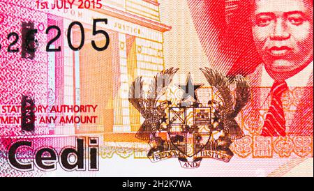 1 Cedi-Banknote, Bank of Ghana, Closeup Bill Fragment zeigt Caot of Arms, ausgestellt am 2015 Stockfoto