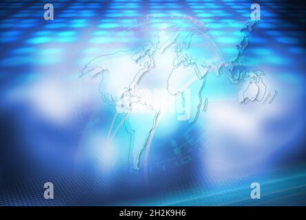 3d-Rendering von High-Tech-News-Studio-Hintergrund mit Binärcodes und einer Weltkarte Stockfoto