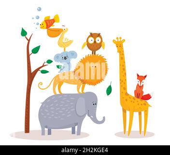 Nette lustige Cartoon Tiere Löwe, Giraffe, Elefant, Fuchseule Stock Vektor