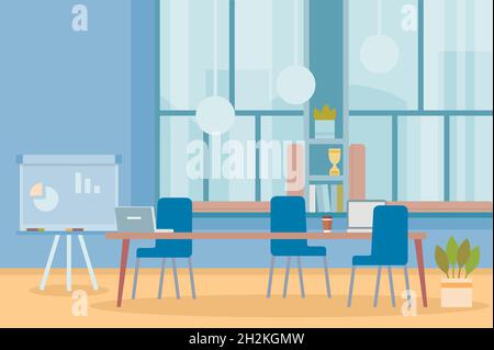 Arbeitsplatz, Schrank, Büro. Leerer Arbeitsbereich mit Tisch und Stühlen Stock Vektor