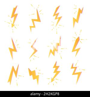 Satz von Blitzbolzen-Symbolen. Gewitter, Spannung, Strom, Blitz und Leistungszeichen Stock Vektor