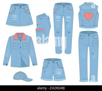 Damenbekleidung Set aus blauen Jeans. Modisches Design im urbanen, lässigen Stil. Stock Vektor