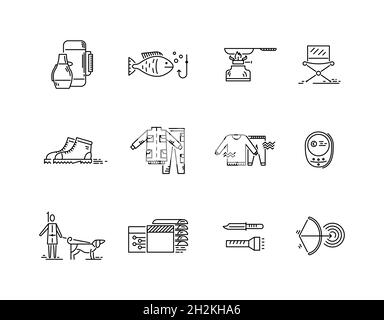 Linie Symbole Satz von Jagd Angeln Camping Stock Vektor