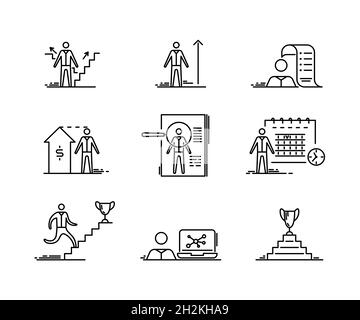 Symbole mit dünnen Linien eingestellt. Business People Development Growth Headhunting Finance und Startup Outline Vector Symbol. Stock Vektor