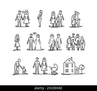 Familienentwicklungsphasen. Eltern und Kinder. Beziehung Mutter Vater Kinder Großvater und Großmutter Stock Vektor
