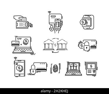Zahlarten, dünne Linien, Symbole. Bezahlen Sie online, mobil, Kreditkarte, Shopping-Banking Stock Vektor