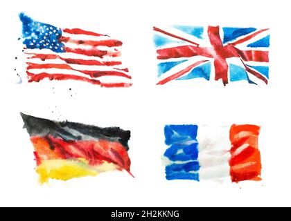 Flaggen von Amerika, England, Frankreich, Deutschland Handgezeichnete Aquarell-Illustration Stockfoto