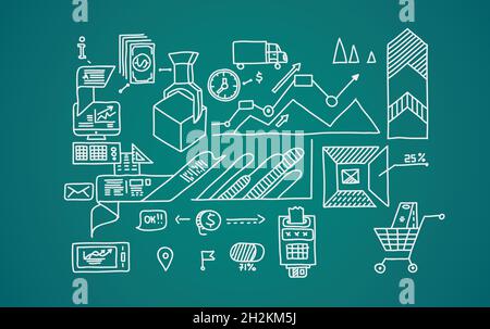 Bank Business Finance Analytics Ergebnis Hand ziehen Doodle Elemente. Stock Vektor