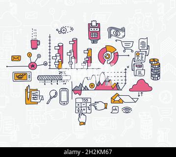 Hand zeichnen Doodle Elemente Bank Business Finance Analytics Gewinne. Stock Vektor