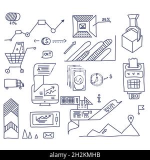 Hand zeichnen Doodle Elemente Bank Business Finance Analytics Gewinne Stock Vektor