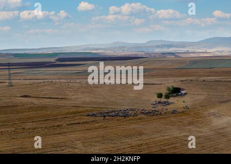 Toller Blick auf die Natur, frisch gemähter Anbau und neblige Berge mit Wolken im Hintergrund. Emirdag, Türkei. Stockfoto