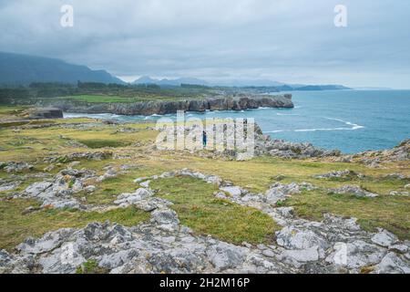 Dramatische Klippen an der kantabrischen Küste in den berühmten Bufones de Pria an einem nebligen Herbsttag. Moody Küstenlandschaft in Asturien, Nordspanien. Stockfoto